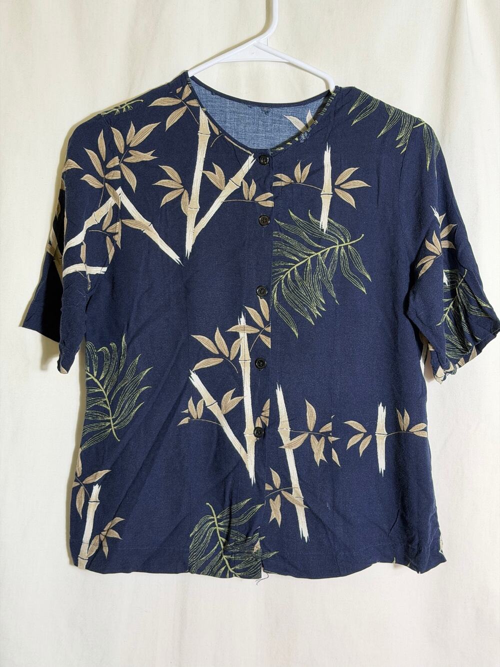 Vintage Blue Bamboo Print Button Front Blouse Small Tropical Short Sleeve